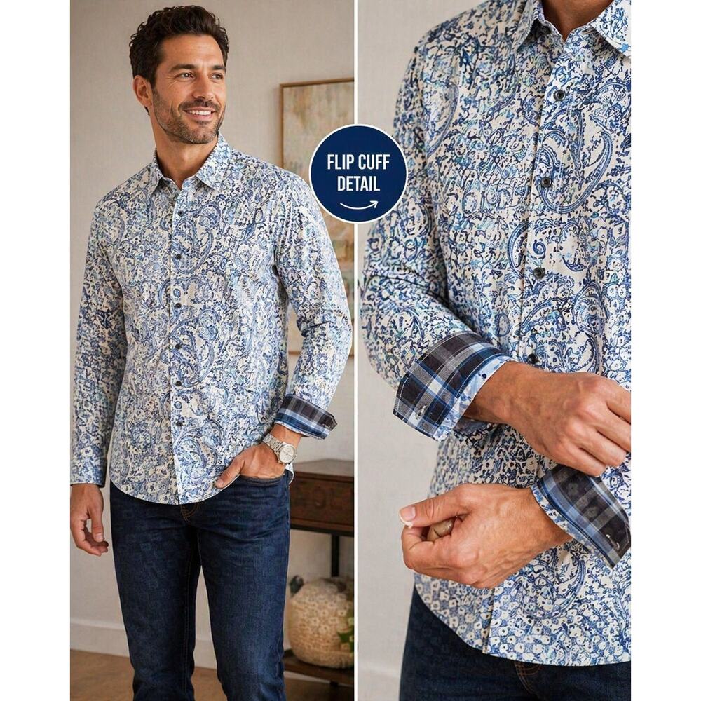 Tasso Elba XXL Blue White Paisley Shirt Flip Cuff Button Up Mens 18 18.5 Cotton
